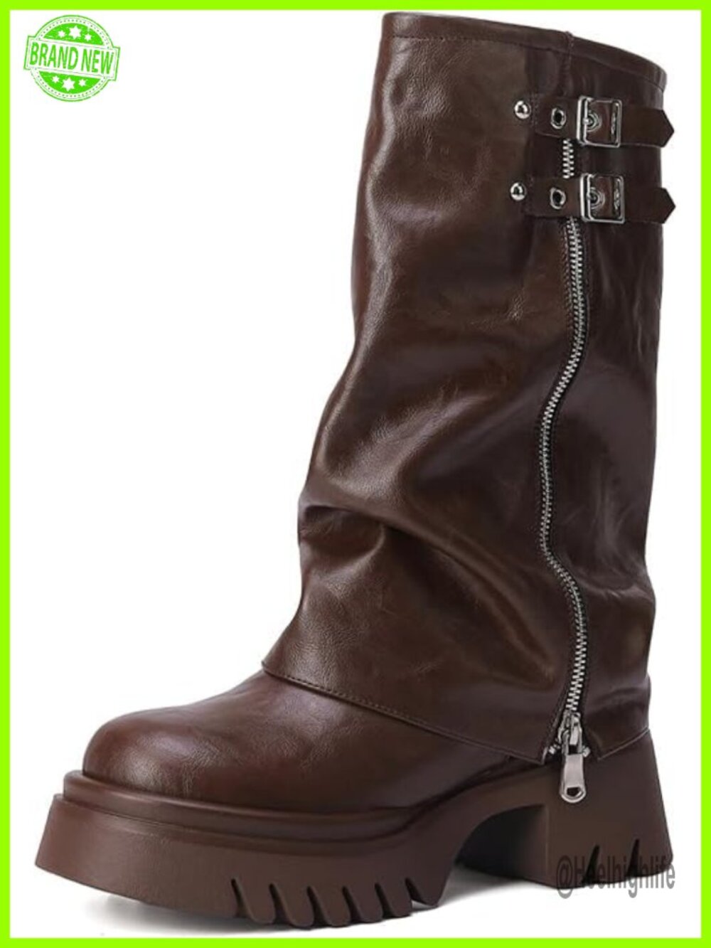 Fold Over Knee High Boots Slouch Wide Calf Faux Leather Riding Boots